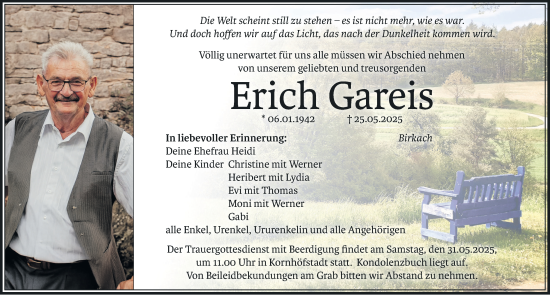 Traueranzeige von Erich Gareis von Neustadt/ Scheinfeld/ Uffenheim