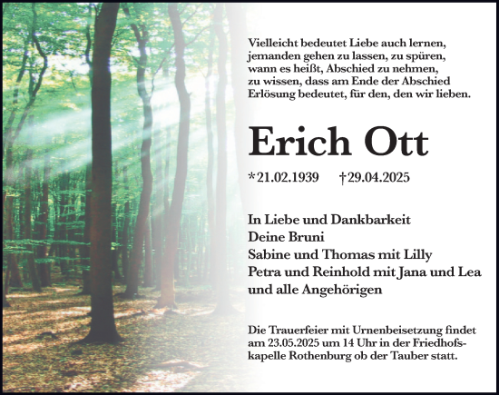 Traueranzeige von Erich Ott von Rothenburg