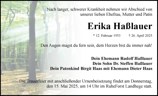 Traueranzeige von Erika Haßlauer von Neustadt/ Scheinfeld/ Uffenheim