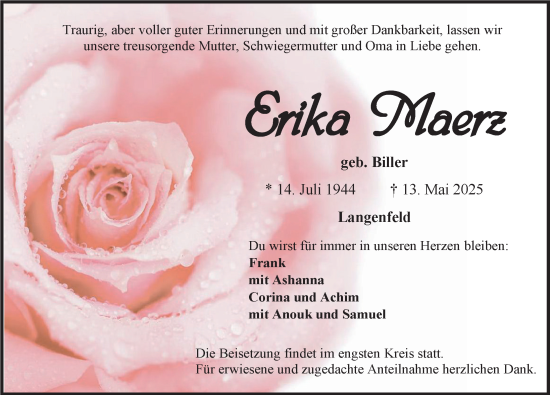 Traueranzeige von Erika Maerz von Neustadt/ Scheinfeld/ Uffenheim