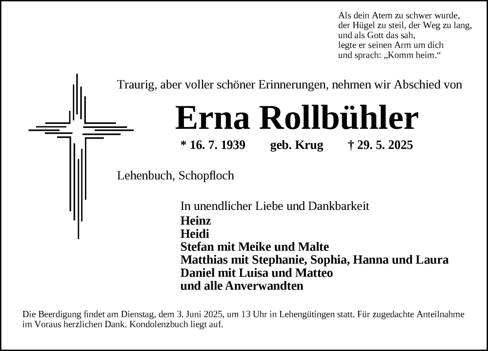  Traueranzeige für Erna Rollbühler vom 31.05.2025 aus Dinkelsbühl/ Feuchtwangen
