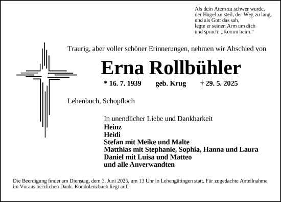 Traueranzeige von Erna Rollbühler von Dinkelsbühl/ Feuchtwangen