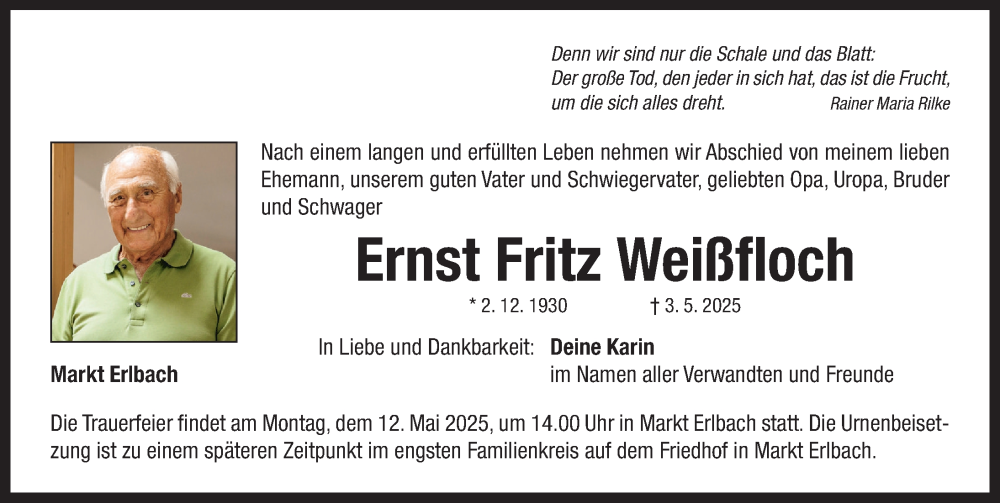  Traueranzeige für Ernst Fritz Weißfloch vom 08.05.2025 aus Neustadt/ Scheinfeld/ Uffenheim