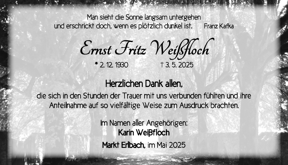  Traueranzeige für Ernst Fritz Weißfloch vom 17.05.2025 aus Neustadt/ Scheinfeld/ Uffenheim