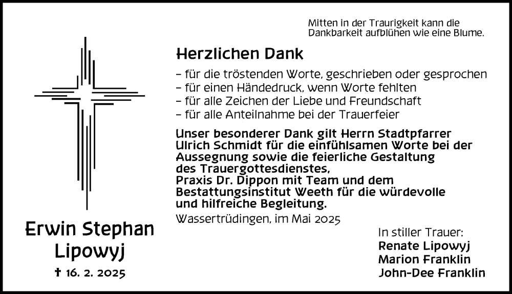  Traueranzeige für Erwin Lipowyj vom 03.05.2025 aus Dinkelsbühl/ Feuchtwangen