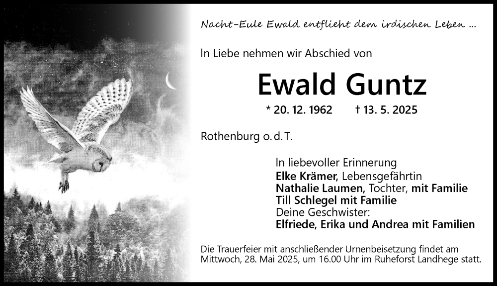  Traueranzeige für Ewald Guntz vom 24.05.2025 aus Rothenburg
