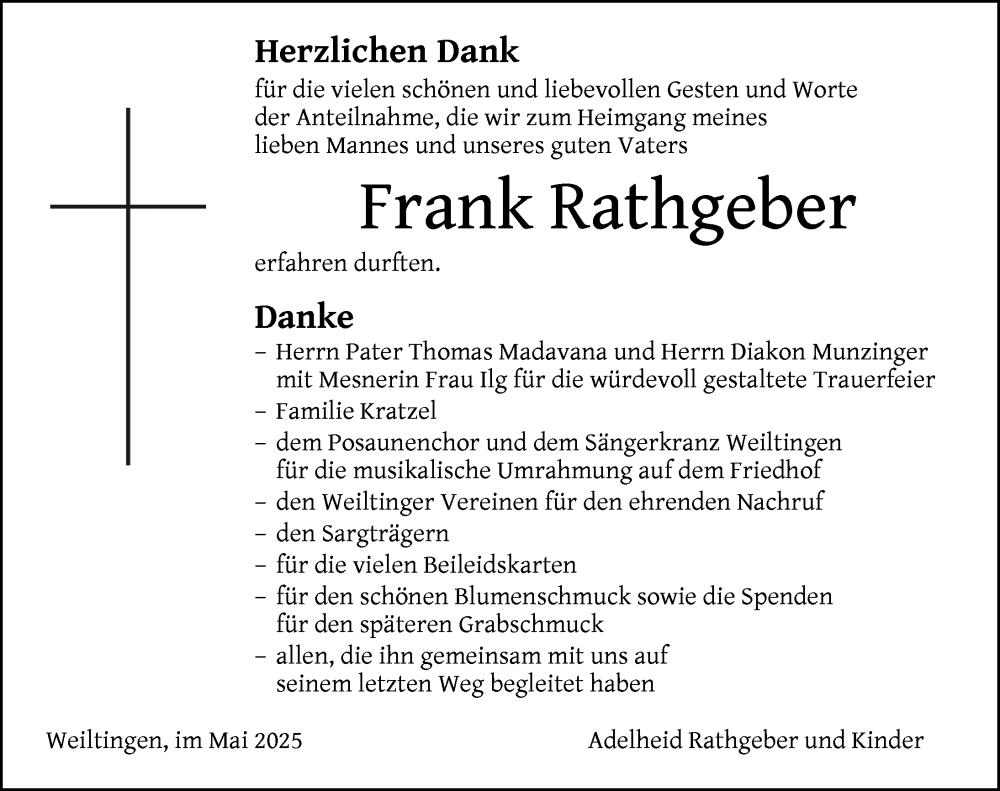  Traueranzeige für Frank Rathgeber vom 31.05.2025 aus Dinkelsbühl/ Feuchtwangen