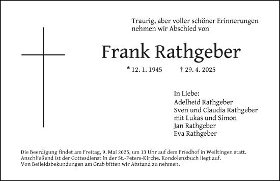 Traueranzeige von Frank Rathgeber von Dinkelsbühl/ Feuchtwangen