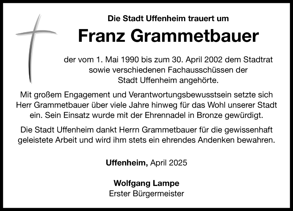  Traueranzeige für Franz Grammetbauer vom 03.05.2025 aus Neustadt/ Scheinfeld/ Uffenheim