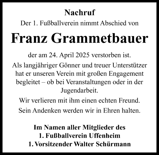 Traueranzeige von Franz Grammetbauer von Neustadt/ Scheinfeld/ Uffenheim