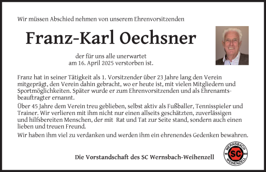 Traueranzeige von Franz-Karl Oechsner von Ansbach
