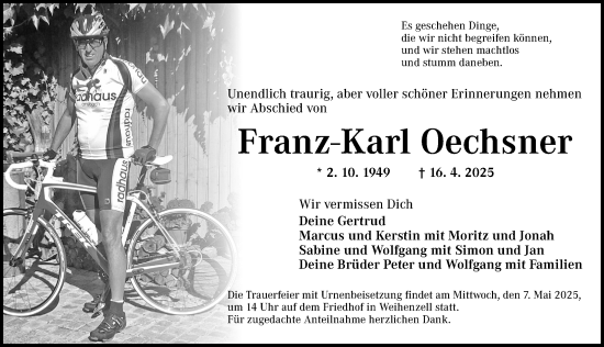 Traueranzeige von Franz-Karl Oechsner von Ansbach