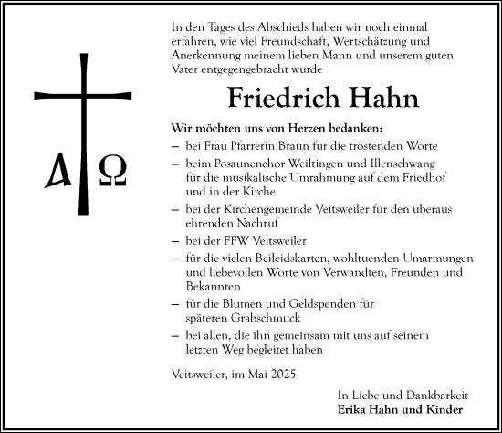 Traueranzeige von Friedrich Hahn von Dinkelsbühl/ Feuchtwangen