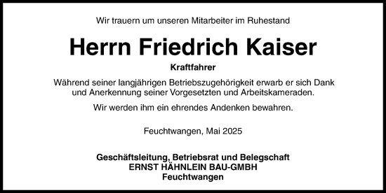 Traueranzeige von Friedrich Kaiser von Dinkelsbühl/ Feuchtwangen