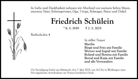 Traueranzeige von Friedrich Schülein von Dinkelsbühl/ Feuchtwangen