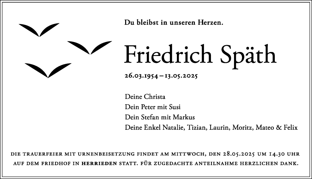  Traueranzeige für Friedrich Späth vom 24.05.2025 aus GE