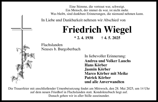 Traueranzeige von Friedrich Wiegel von Ansbach