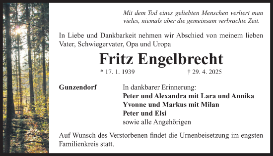 Traueranzeige von Fritz Engelbrecht von Neustadt/ Scheinfeld/ Uffenheim