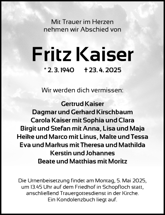 Traueranzeige von Fritz Kaiser von Dinkelsbühl/ Feuchtwangen