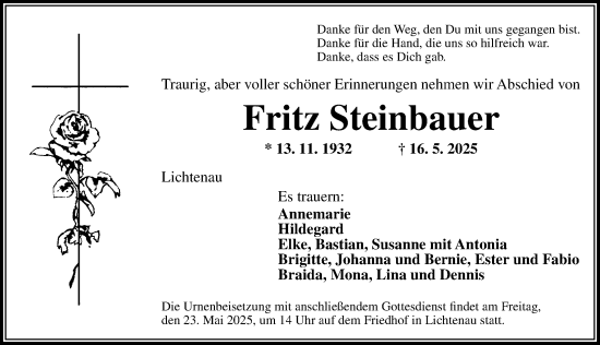 Traueranzeige von Fritz Steinbauer von Ansbach