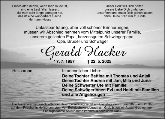 Traueranzeige von Gerald Hacker von Ansbach