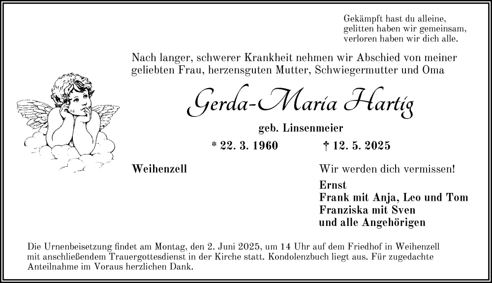  Traueranzeige für Gerda-Maria Hartig vom 30.05.2025 aus Ansbach