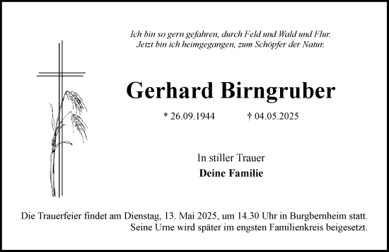 Traueranzeige von Gerhard Birngruber von Neustadt/ Scheinfeld/ Uffenheim