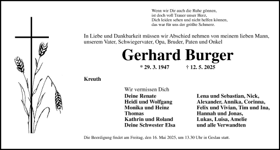 Traueranzeige von Gerhard Burger von Rothenburg