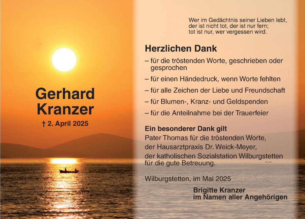  Traueranzeige für Gerhard Kranzer vom 10.05.2025 aus Dinkelsbühl/ Feuchtwangen