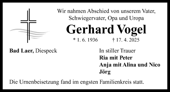 Traueranzeige von Gerhard Vogel von Neustadt/ Scheinfeld/ Uffenheim