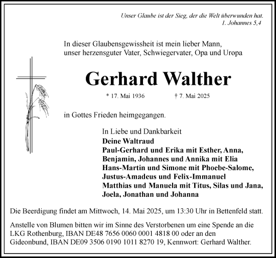 Traueranzeige von Gerhard Walther von Rothenburg