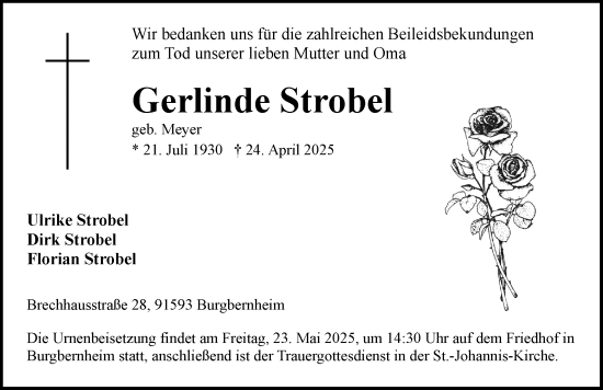 Traueranzeige von Gerlinde Strobel von Neustadt/ Scheinfeld/ Uffenheim