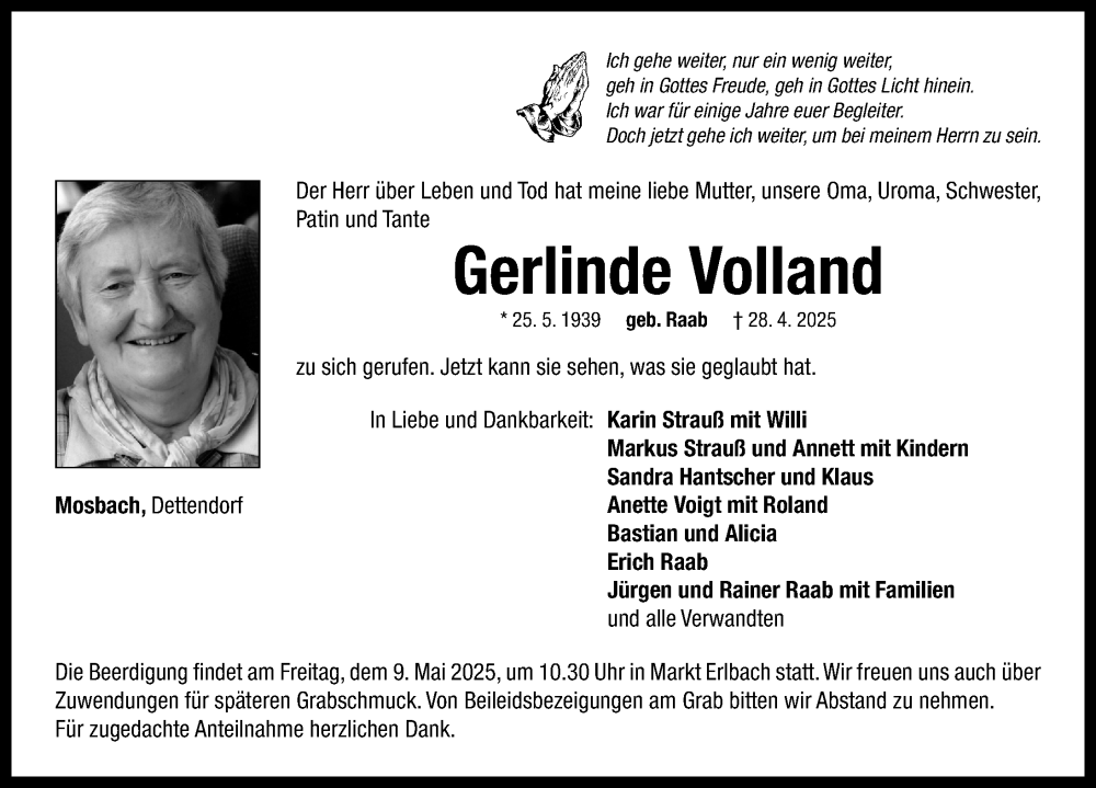  Traueranzeige für Gerlinde Volland vom 06.05.2025 aus Neustadt/ Scheinfeld/ Uffenheim