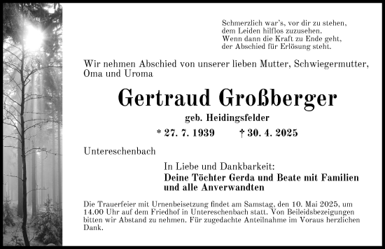 Traueranzeige von Gertraud Großberger von Ansbach