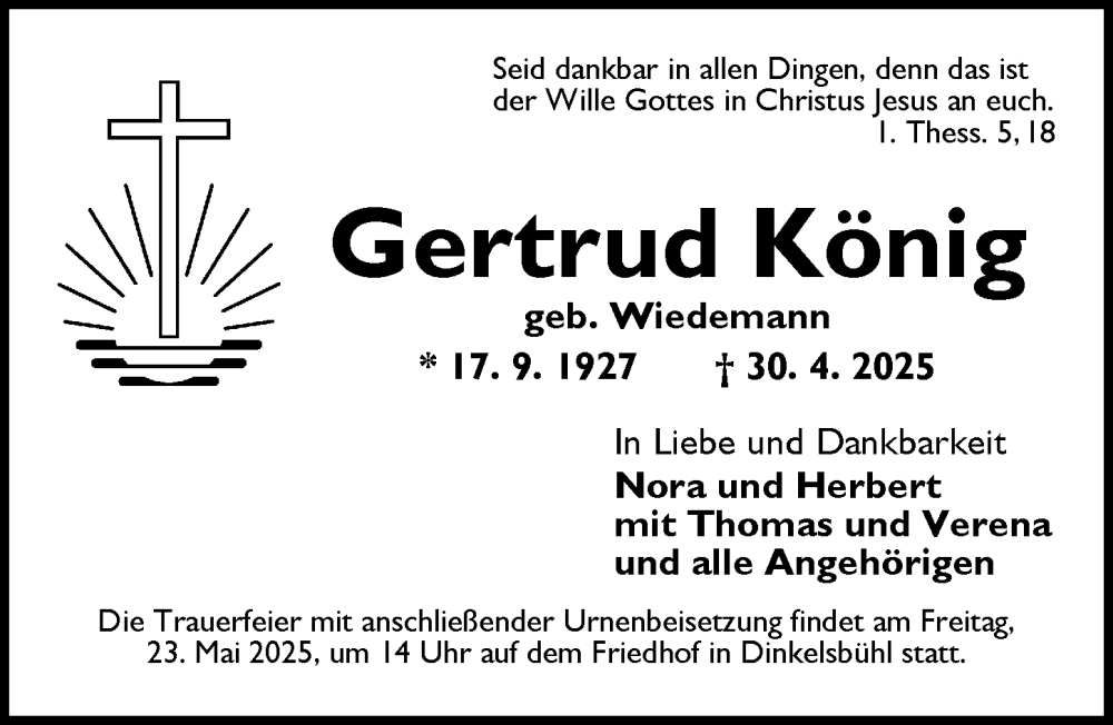  Traueranzeige für Gertrud König vom 20.05.2025 aus Dinkelsbühl/ Feuchtwangen