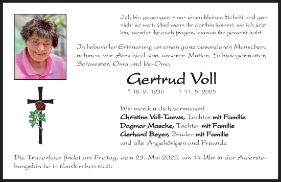 Traueranzeige von Gertrud Voll von Neustadt/ Scheinfeld/ Uffenheim