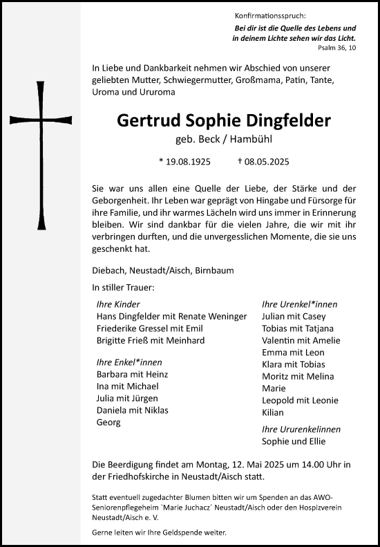 Traueranzeige von Gertrud Sophie Dingfelder von Neustadt/ Scheinfeld/ Uffenheim