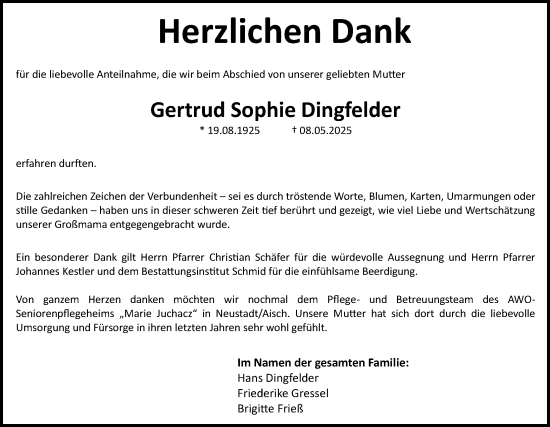 Traueranzeige von Gertrud Sophie Dingfelder von Neustadt/ Scheinfeld/ Uffenheim