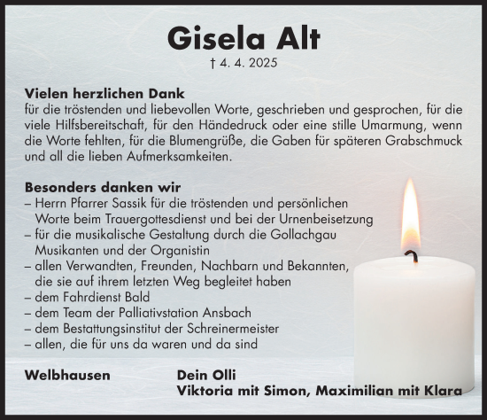 Traueranzeige von Gisela Alt von Neustadt/ Scheinfeld/ Uffenheim