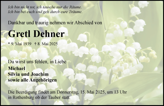 Traueranzeige von Gretl Dehner von Rothenburg