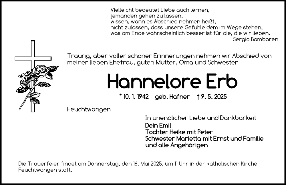  Traueranzeige für Hannelore Erb vom 14.05.2025 aus Dinkelsbühl/ Feuchtwangen