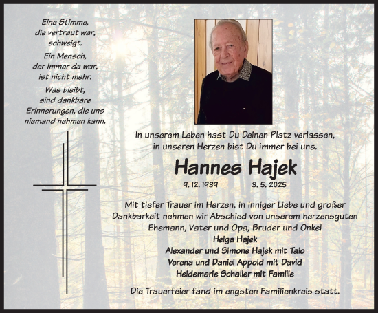 Traueranzeige von Hannes Hajek von Neustadt/ Scheinfeld/ Uffenheim