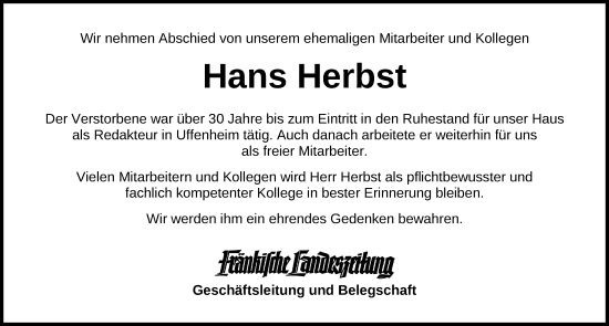 Traueranzeige von Hans Herbst von GE