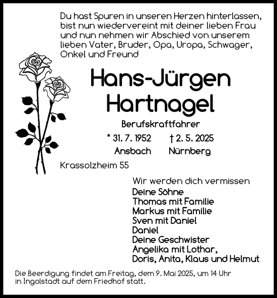 Traueranzeige von Hans-Jürgen Hartnagel von Neustadt/ Scheinfeld/ Uffenheim