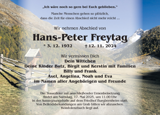 Traueranzeige von Hans-Peter Freytag von Neustadt/ Scheinfeld/ Uffenheim
