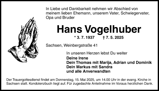 Traueranzeige von Hans Vogelhuber von Ansbach
