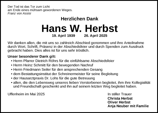 Traueranzeige von Hans W. Herbst von Ansbach