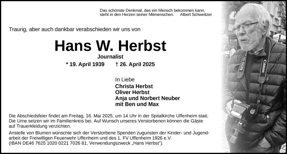  Traueranzeige für Hans W. Herbst vom 13.05.2025 aus GE