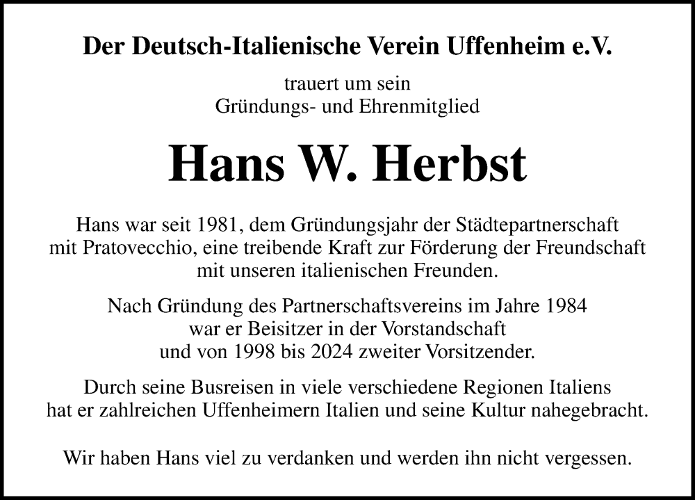  Traueranzeige für Hans W. Herbst vom 14.05.2025 aus Neustadt/ Scheinfeld/ Uffenheim