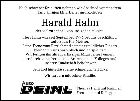Traueranzeige von Harald Hahn von Rothenburg
